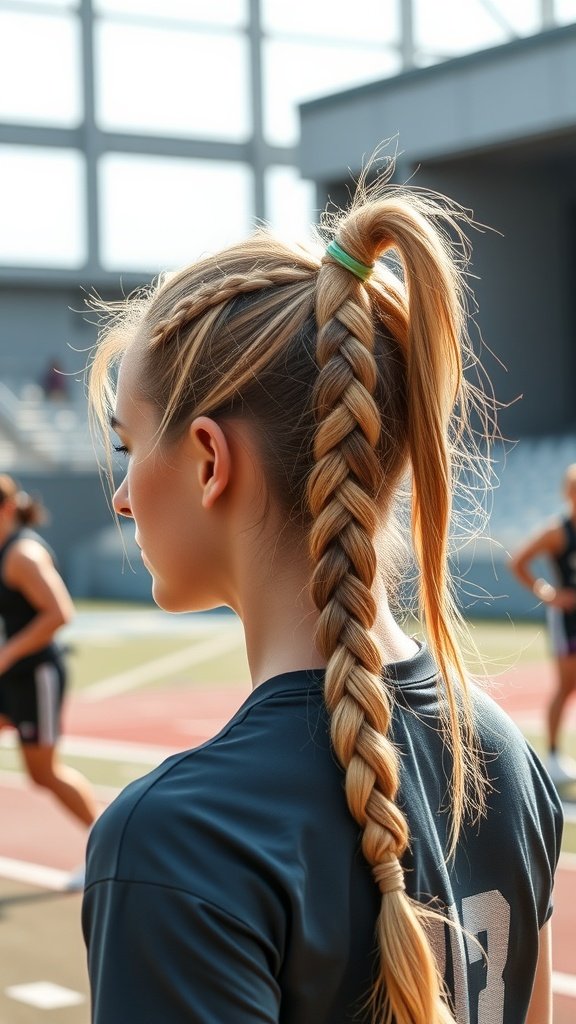 A young woman with lemonade braids styled into a ponytail, showcasing a sporty look.