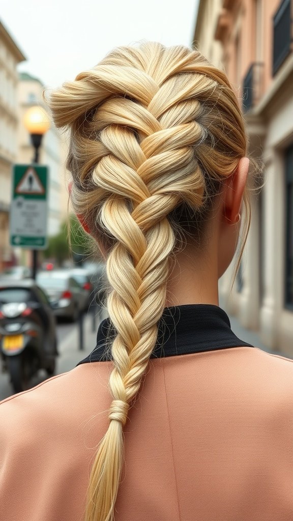 A close-up view of lemonade braids styled with a side part, showcasing a neat and intricate braid pattern.