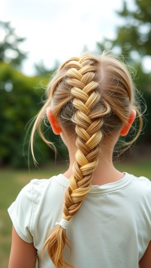A girl with lemonade braids styled into a side ponytail, showcasing a neat and playful hairstyle.