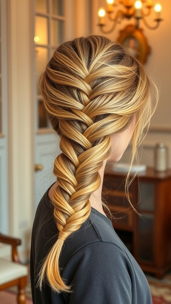 A woman with lemonade braids styled in a side sweep, showcasing a neat and colorful braid.