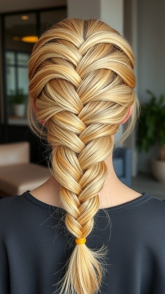 A close-up view of a sleek lemonade braid hairstyle, featuring smooth, shiny strands and a colorful hair tie.