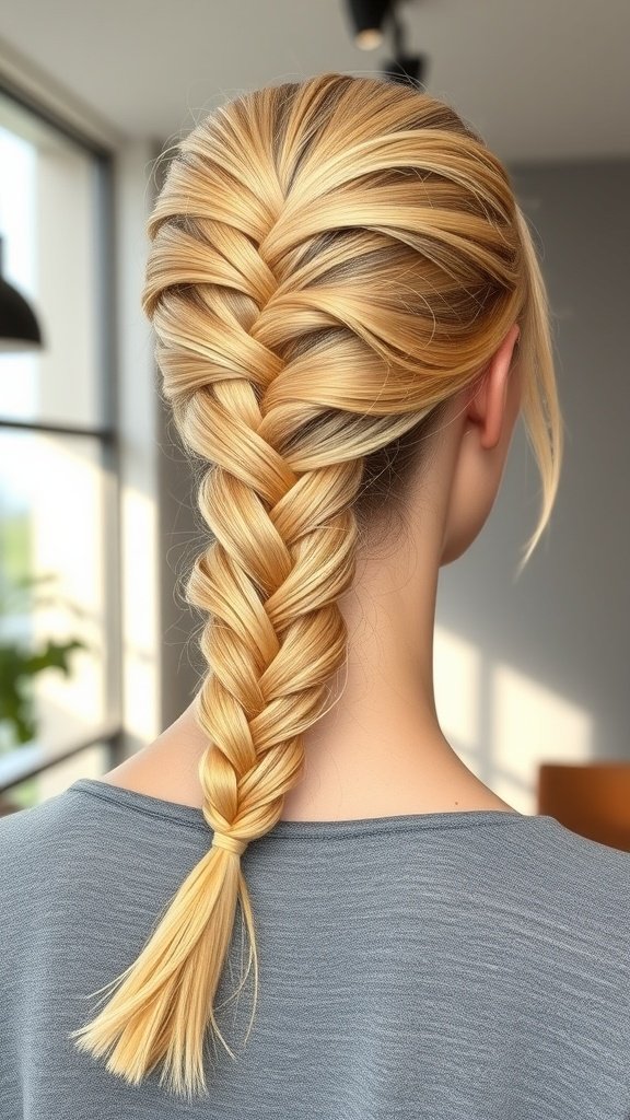 A close-up view of lemonade braids styled into a sleek ponytail.