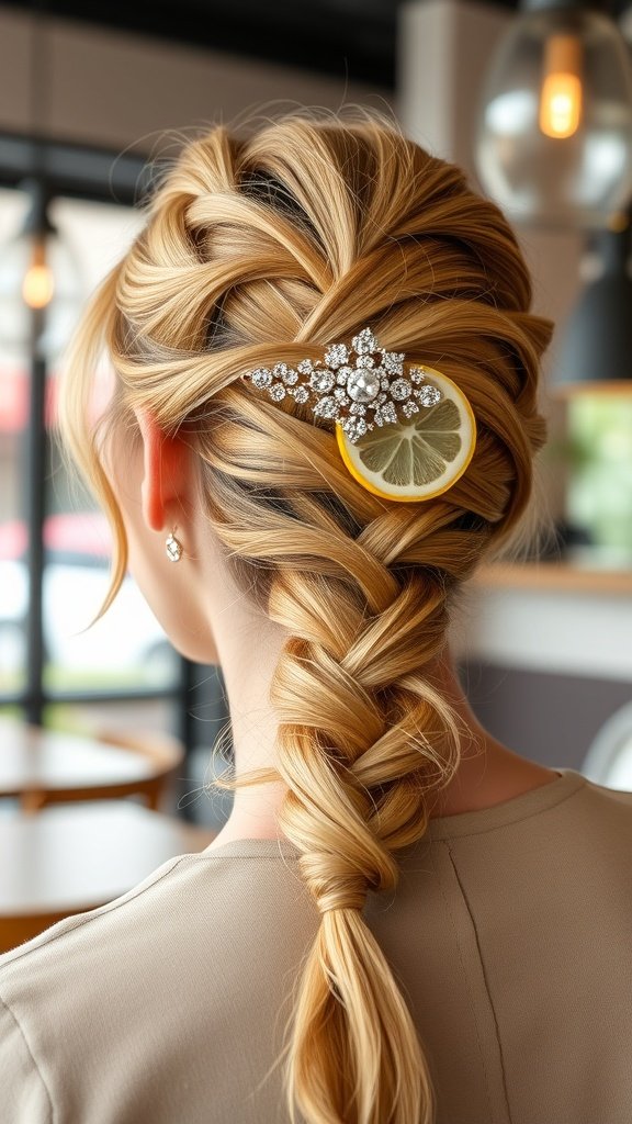 A close-up of lemonade braids styled with a decorative hairpin featuring a lemon slice.