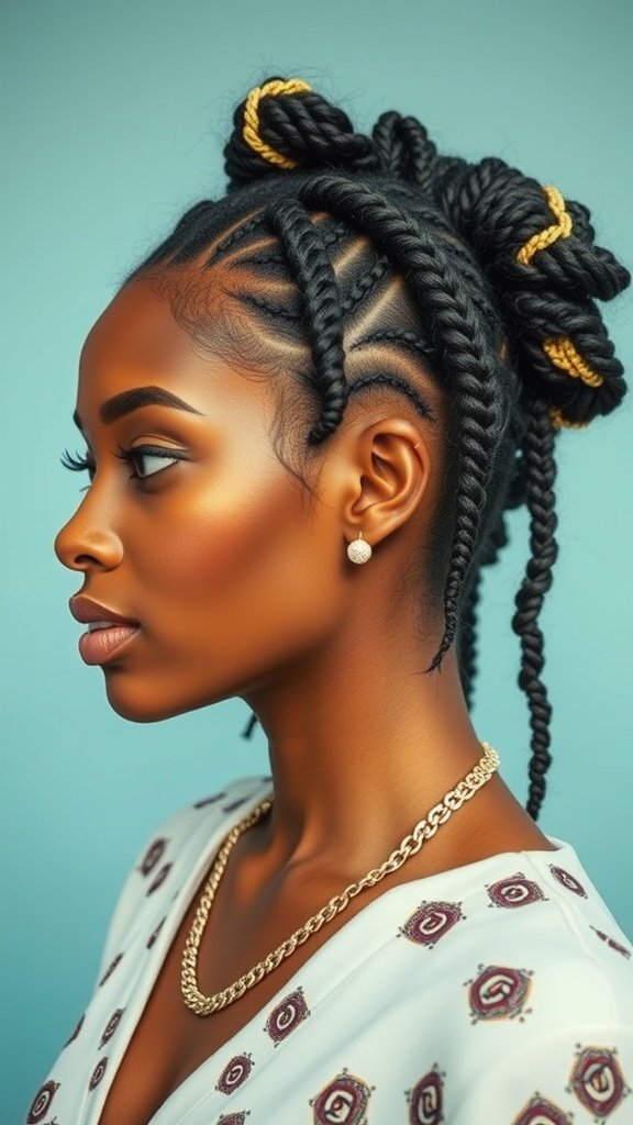A woman with lemonade braids styled with gold accessories, showcasing a unique twist on a classic hairstyle.