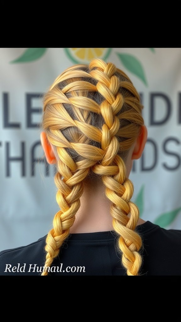 A close-up of two lemonade braids styled with a twist braid technique, showcasing a vibrant blonde color.