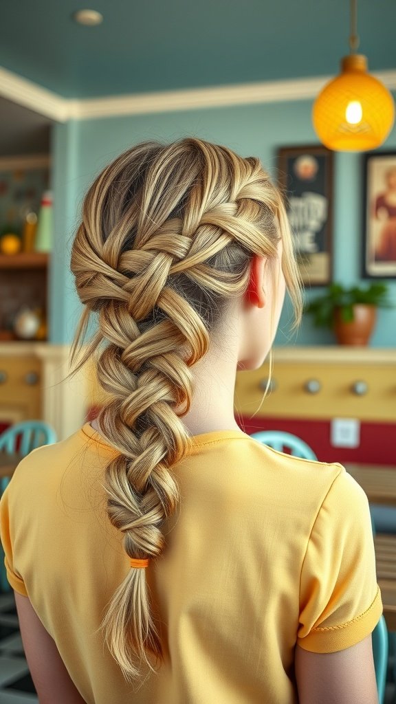 A young woman with lemonade braids styled in a vintage fashion, wearing a yellow top.
