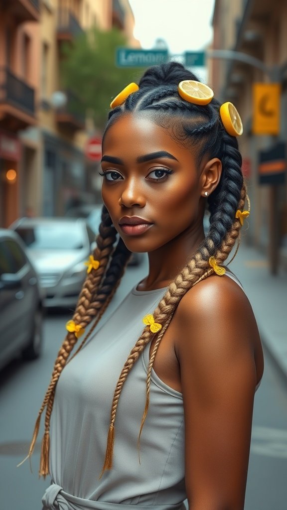 A woman with lemonade braids styled with lemon slices and yellow flowers, standing in a street.