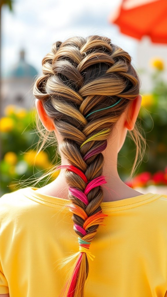 A girl with lemonade braids featuring colorful extensions, showcasing a vibrant hairstyle.