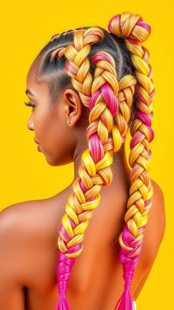 A woman with lemonade braids featuring colorful ombre in yellow and pink.