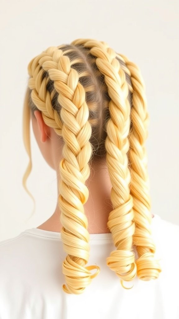 A hairstyle featuring lemonade braids with curls at the ends.