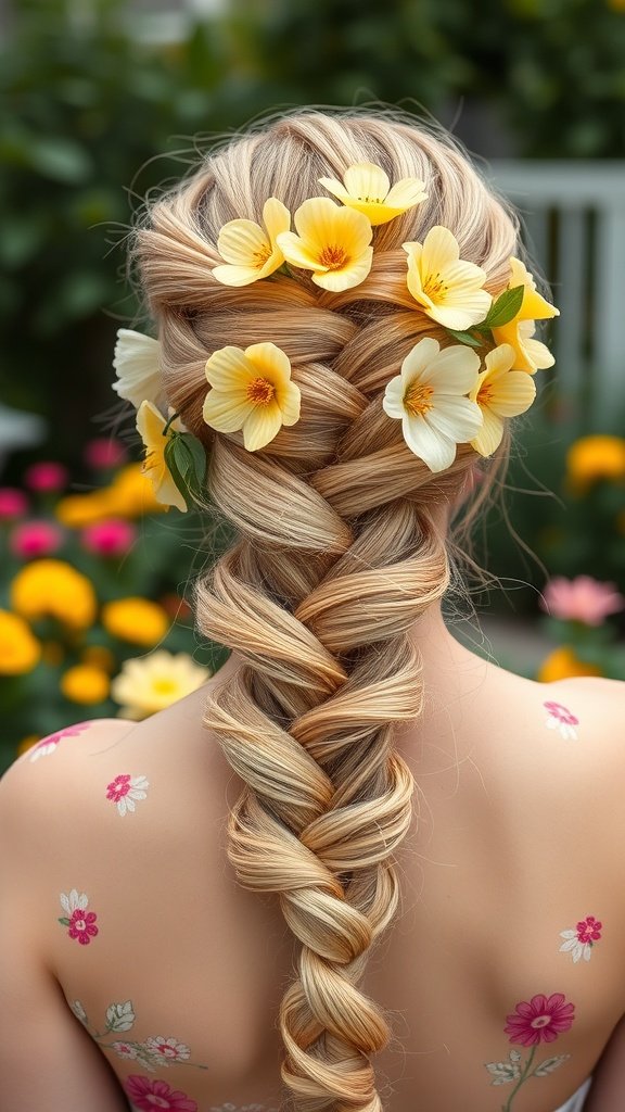 A beautiful lemonade braid adorned with yellow flowers, showcasing a vibrant and playful hairstyle.