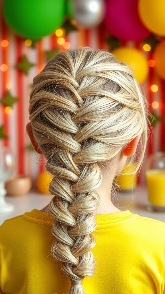 A close-up of lemonade braids with glitter, featuring a cheerful background of colorful balloons.