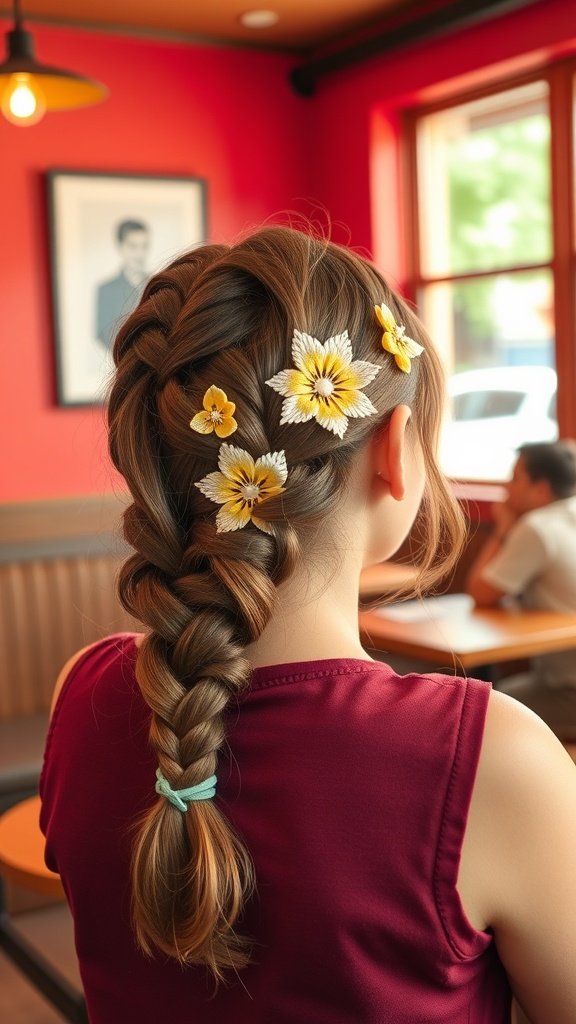 A girl with lemonade braids decorated with yellow flower clips, sitting in a cafe.