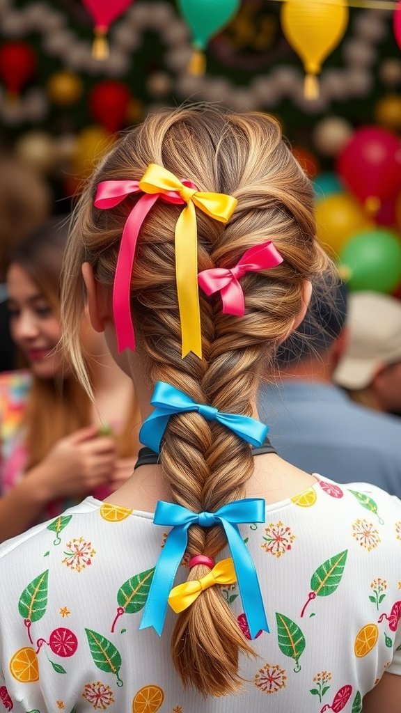 A back view of a person with lemonade braids decorated with colorful ribbons, set against a festive background.