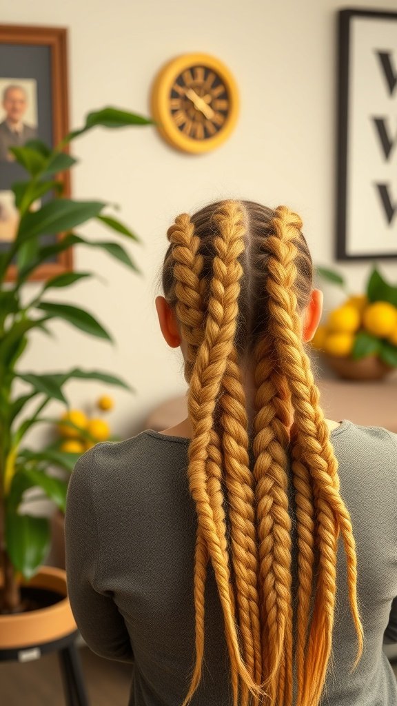 A person with lemonade braids and twists, showcasing a stylish hairstyle.