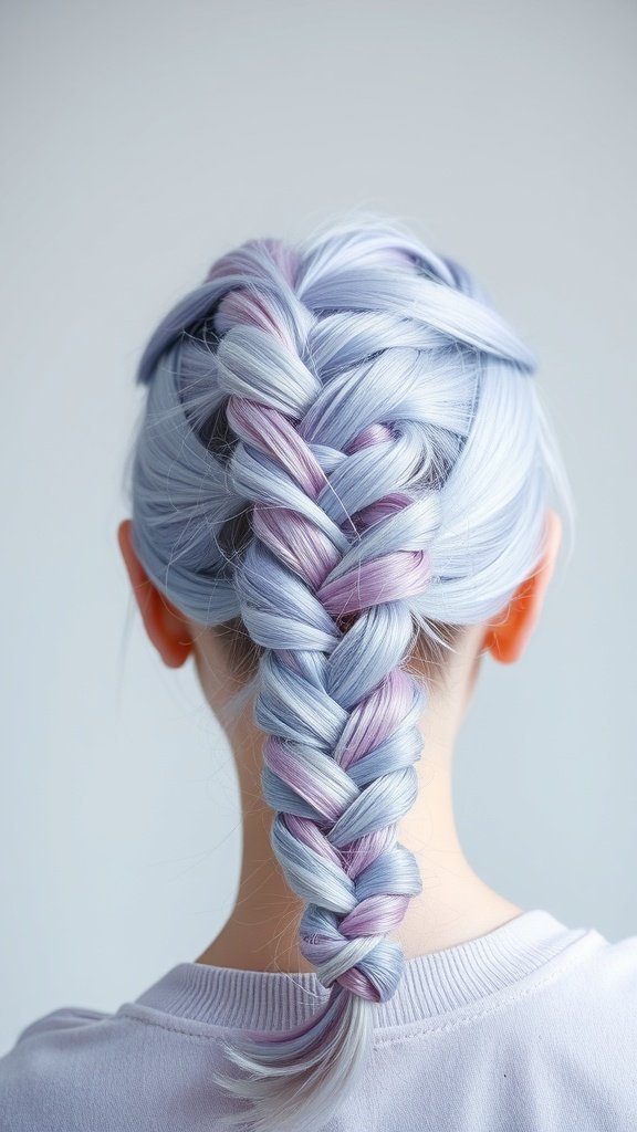 A close-up view of a person's back with lilac and blue knotless braids, showcasing the beautiful color blend.
