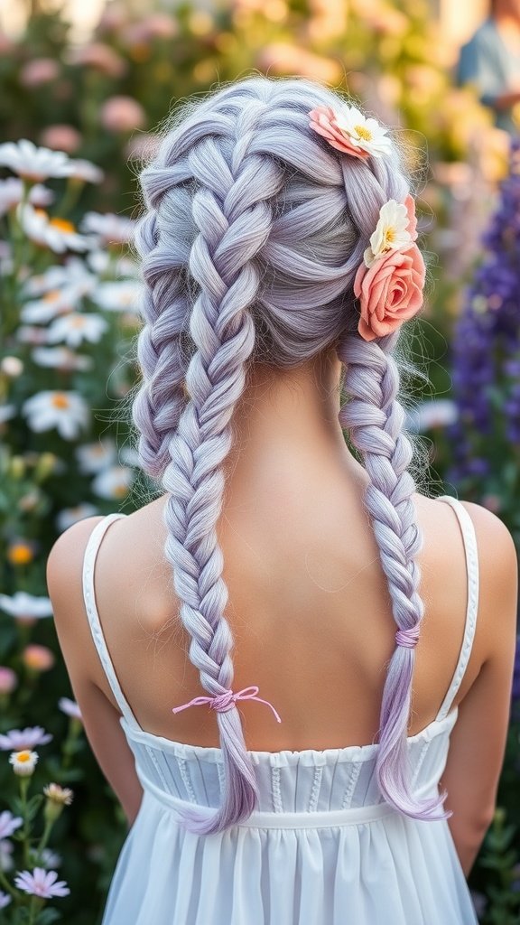 A person with lilac knotless braids adorned with flowers, standing in a garden.