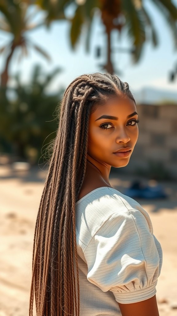 A woman with long knotless braids, showcasing a boho style.