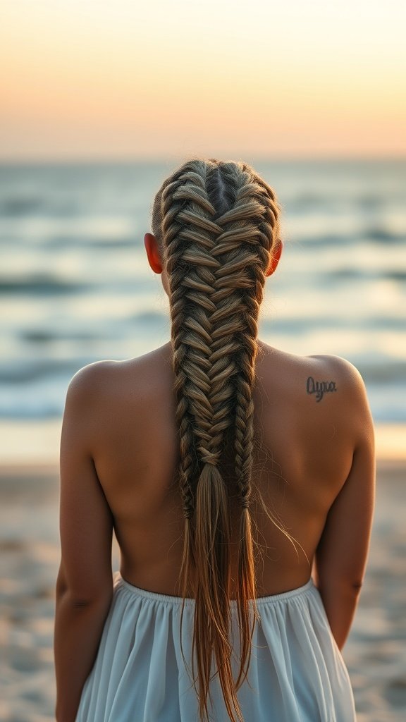 A woman with long knotless braids standing by the beach during sunset.