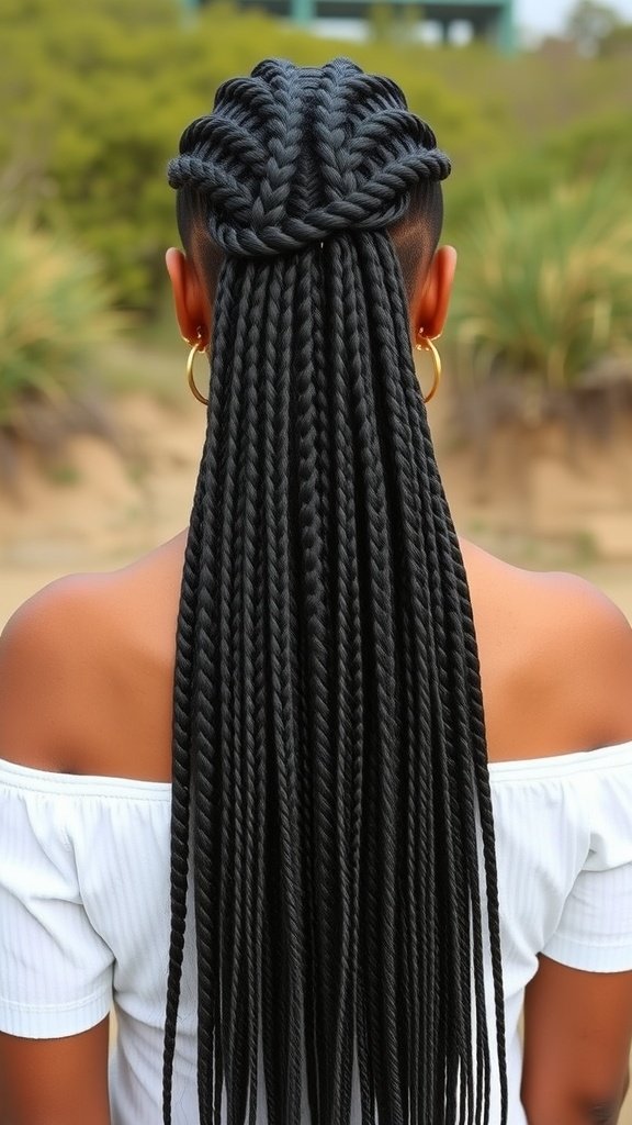 A woman with long, sleek knotless twist braids styled elegantly.
