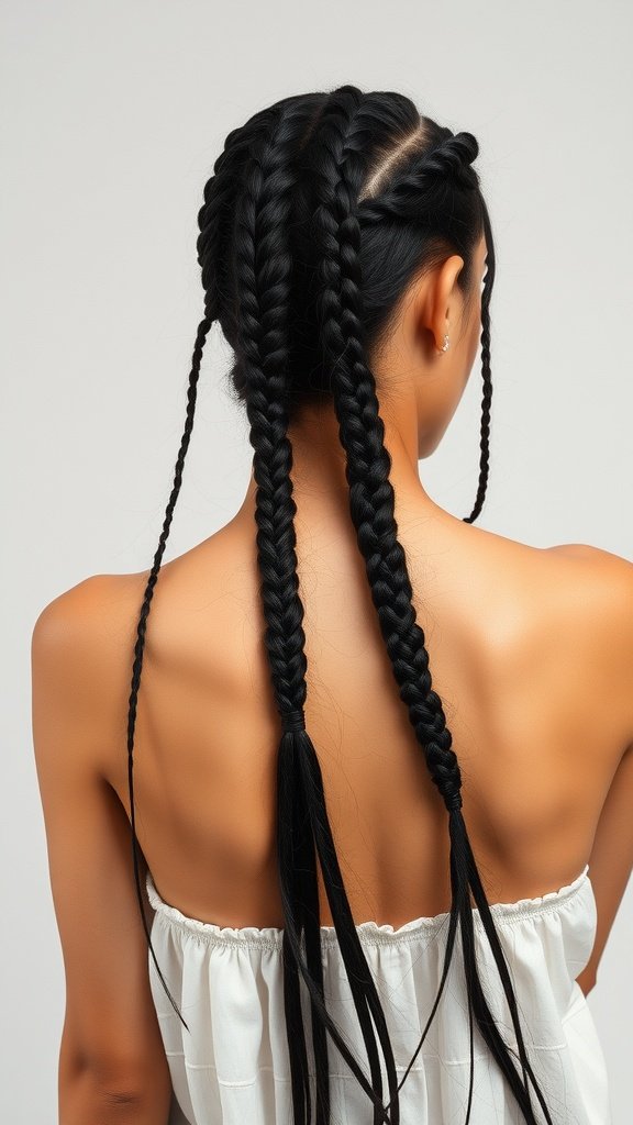 A woman with long black knotless braids styled elegantly.