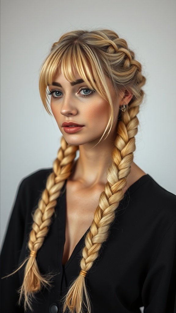 A woman with long blonde knotless braids and bangs, showcasing a stylish hairstyle.
