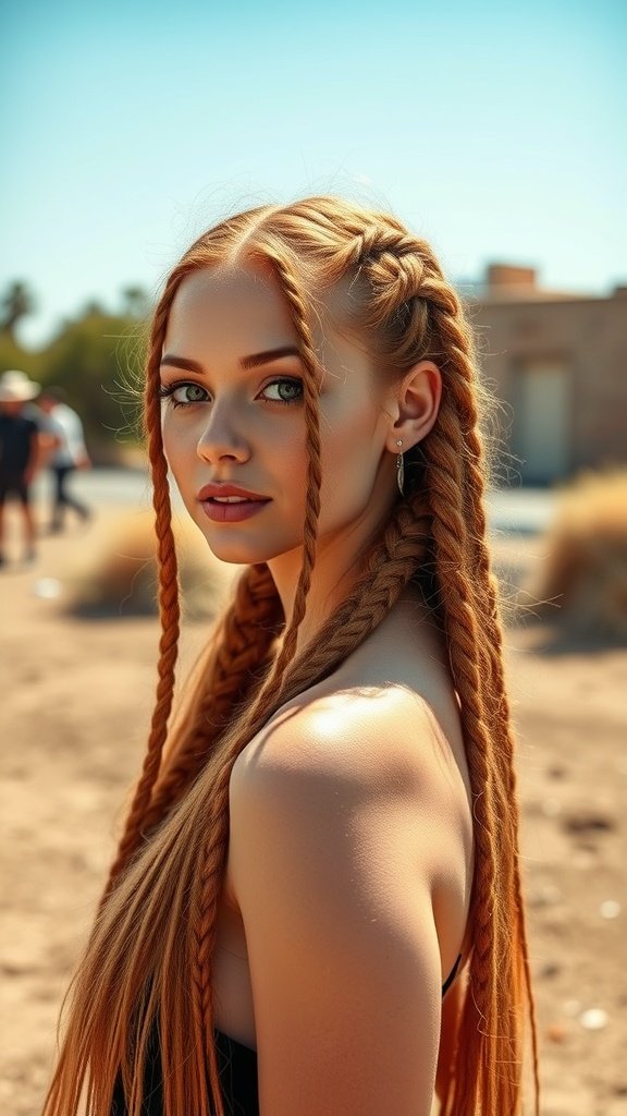 A woman with long ginger knotless braids styled with an ombre effect, showcasing a vibrant and modern hairstyle.