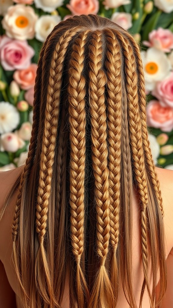 A close-up view of long honey brown knotless braids with layered ends, set against a floral background.