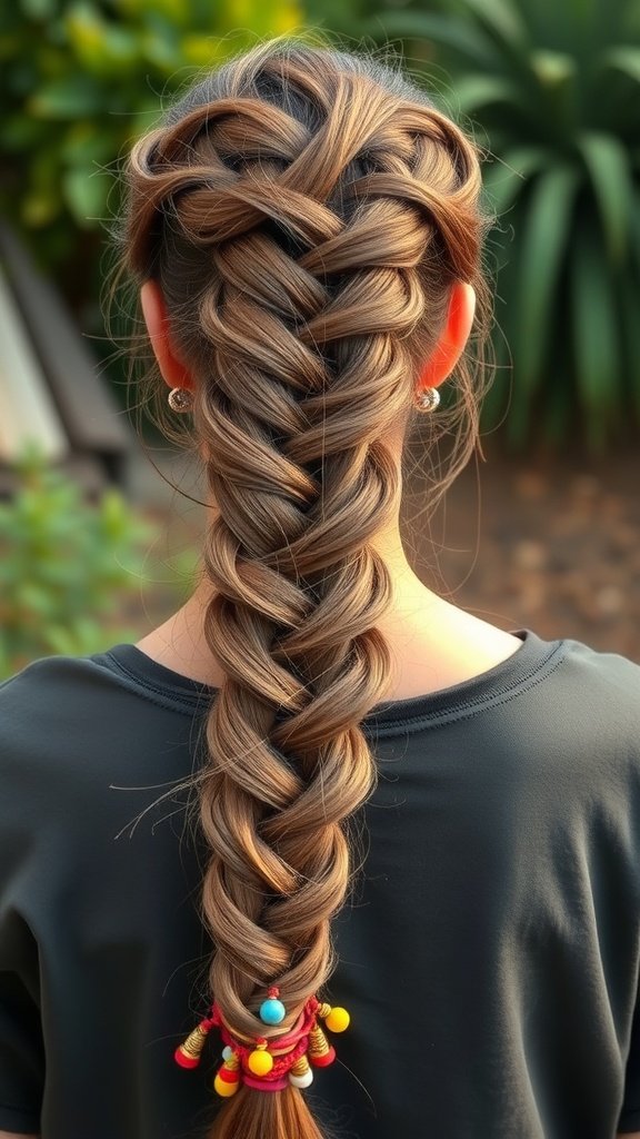 A close-up view of long knotless boho braids with colorful beads at the ends.