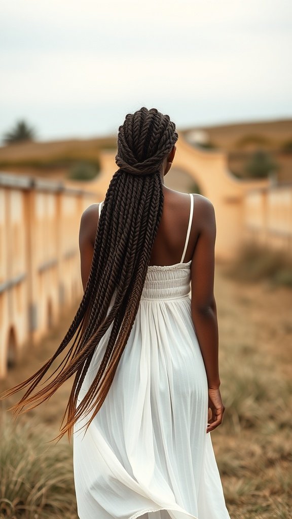 A woman with long knotless braids wearing a white dress, standing outdoors.