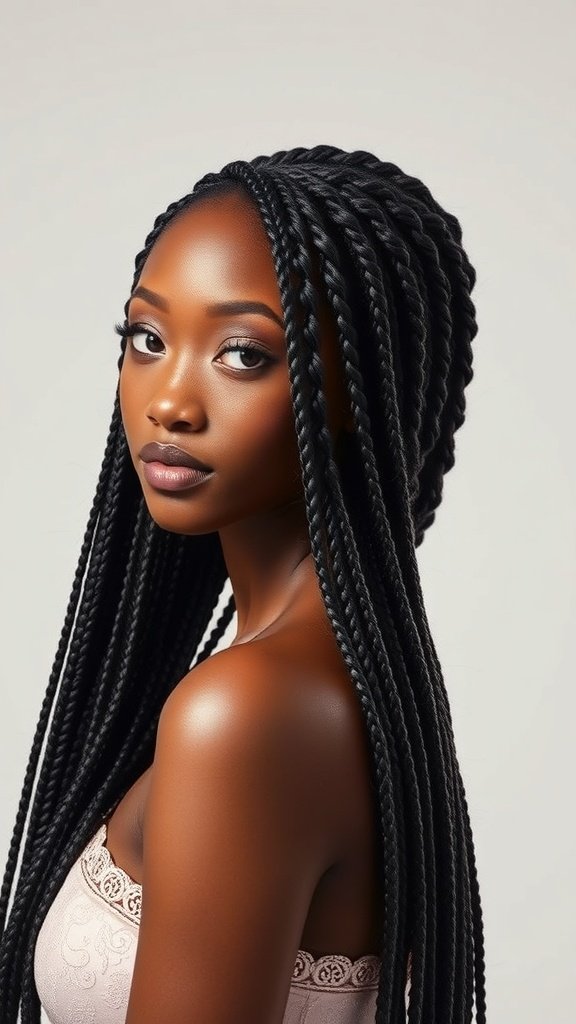 A woman with long knotless braids styled with a side part, showcasing a sleek and elegant look.