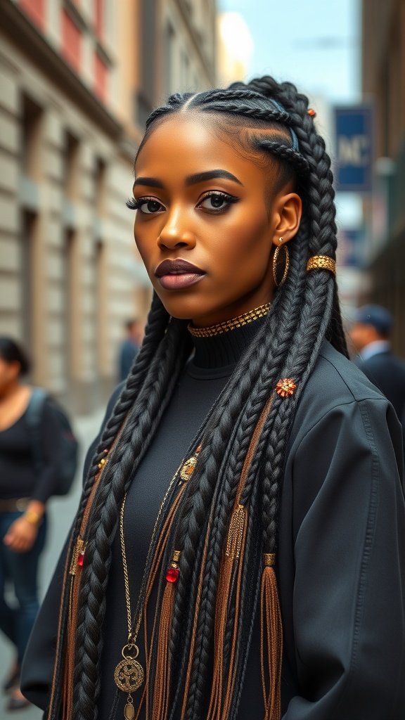 A woman with long knotless braids adorned with accessories, standing in a city street.