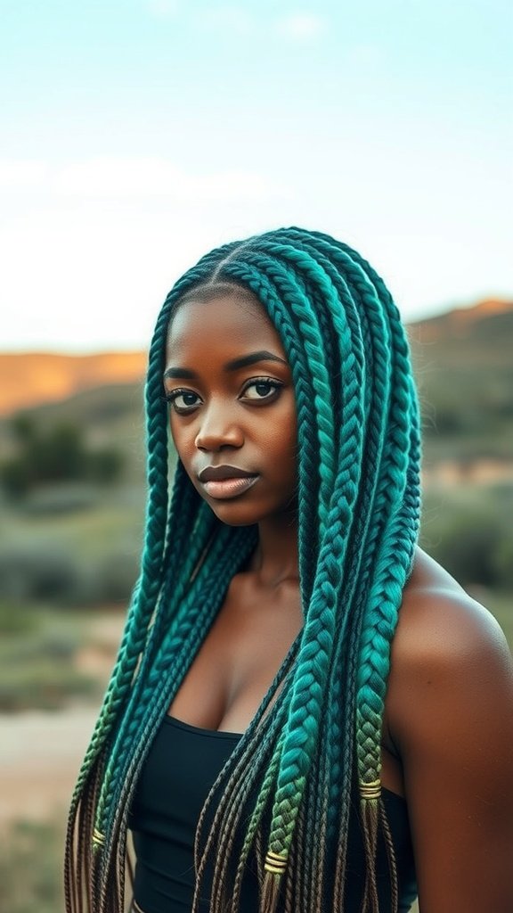 A woman with long knotless braids featuring an ombre effect, showcasing vibrant teal colors.