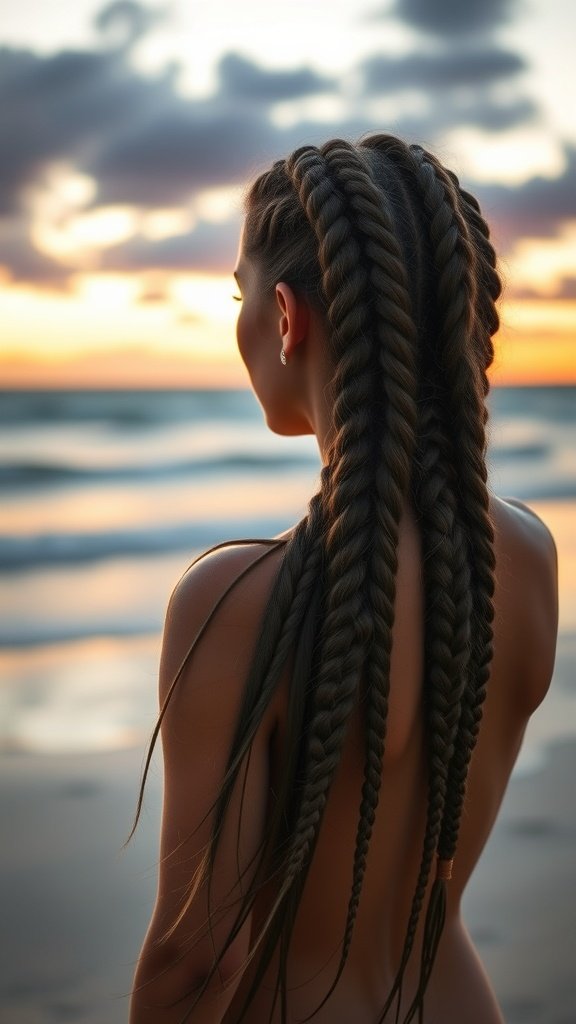 A person with long layered knotless braids, standing by the beach during sunset.