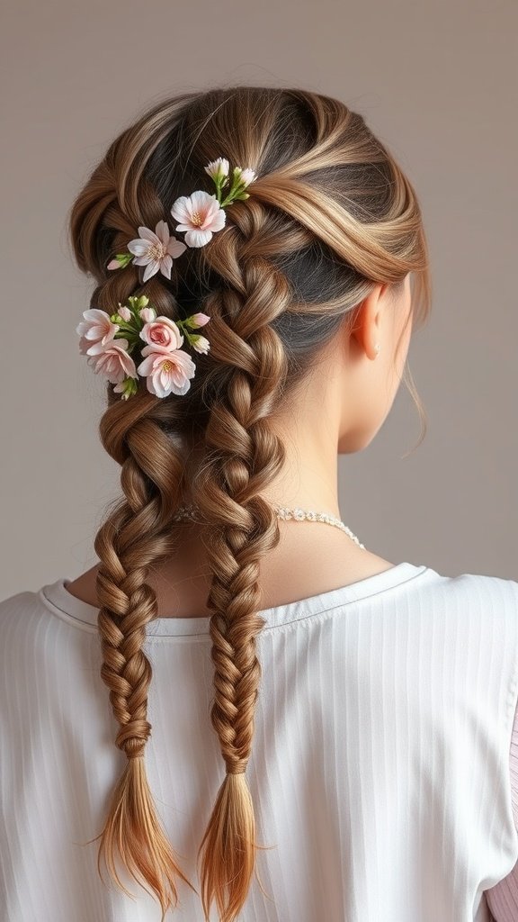 A woman with mauve and blush braids adorned with flowers.