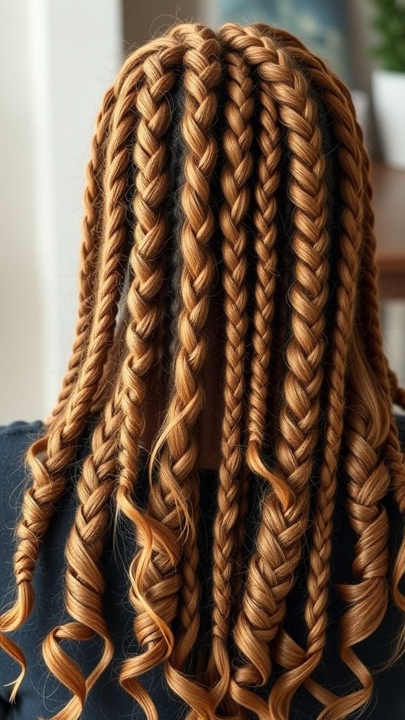 A close-up view of medium honey brown knotless braids styled with curls at the ends.