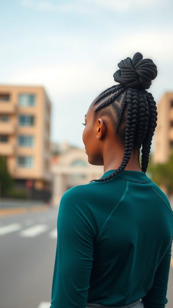 A woman with medium knotless box braids styled in a ponytail, showcasing a neat and elegant look.