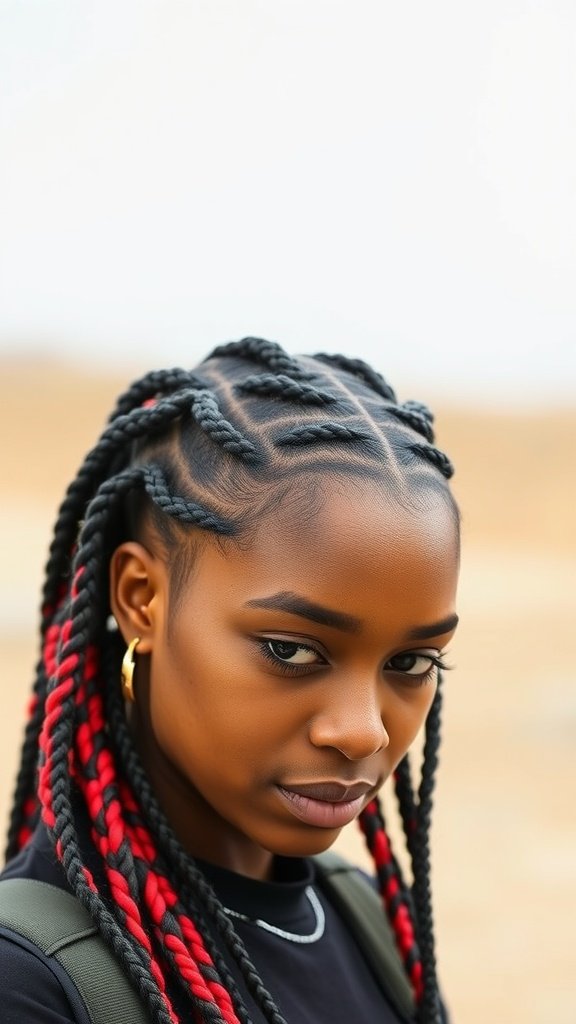A close-up of a person with medium knotless box braids featuring black and red colors.