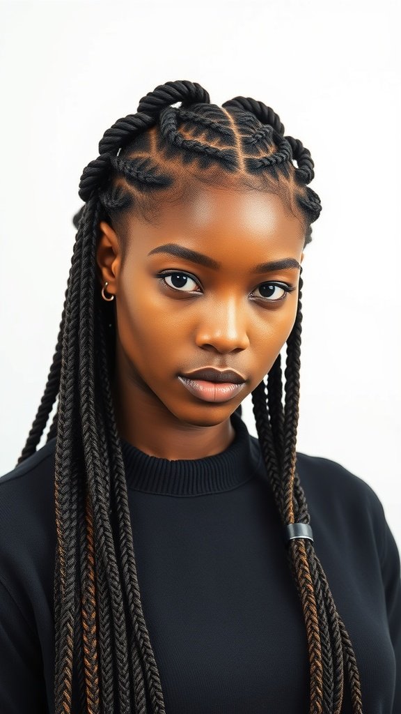 A close-up of a person with medium knotless box braids styled in a bold pattern.