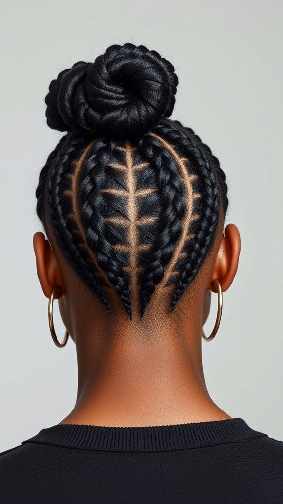 A close-up view of medium knotless box braids styled into a bun, showcasing intricate braiding patterns.