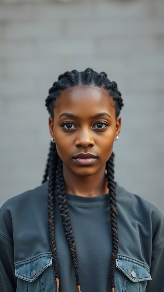 A young woman with medium knotless box braids, wearing a casual outfit, looking confidently at the camera.