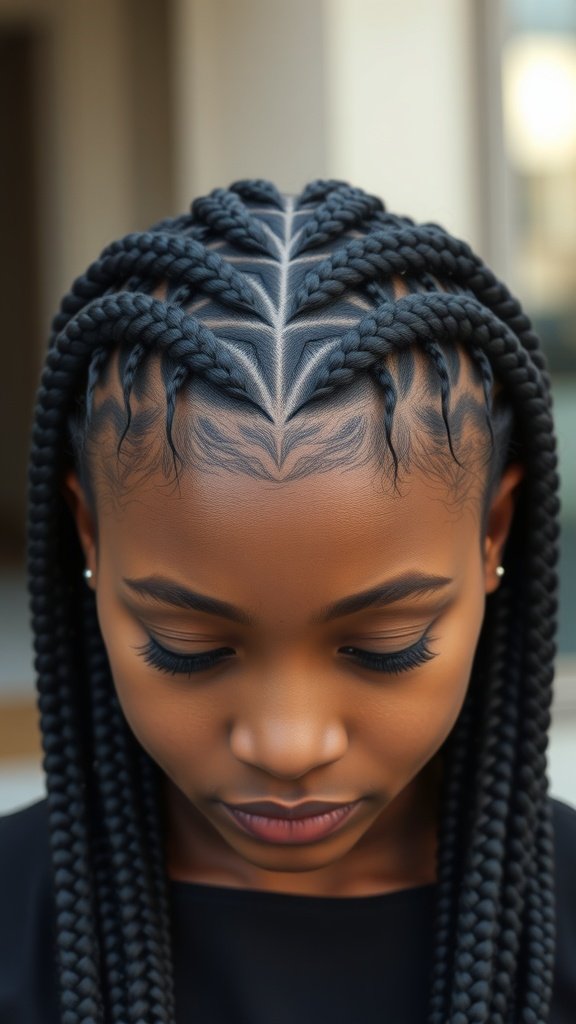A close-up view of medium knotless box braids with a center part, showcasing intricate patterns and a stylish look.