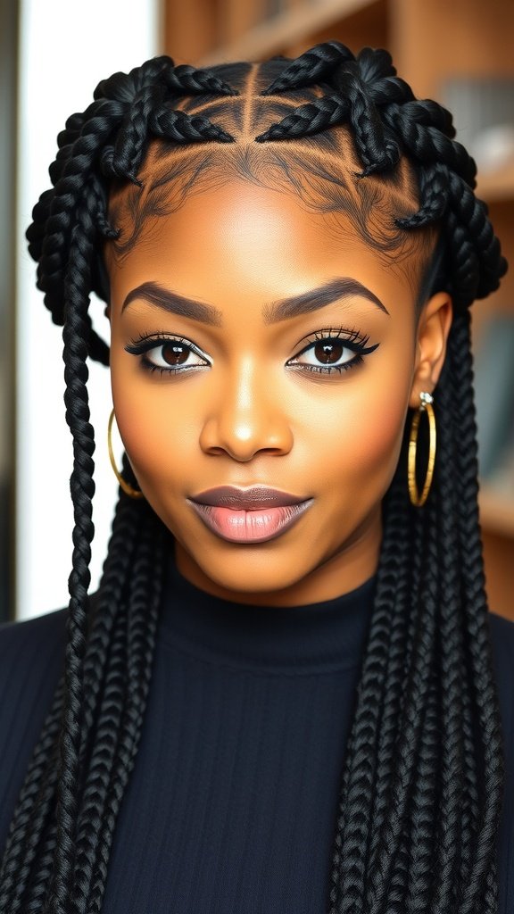 A close-up of a woman with medium knotless box braids styled elegantly.