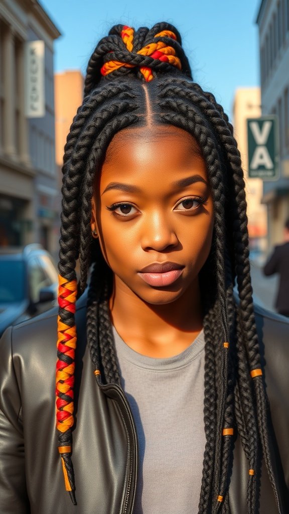 A young woman with medium knotless box braids featuring a color block of red and orange, styled elegantly.