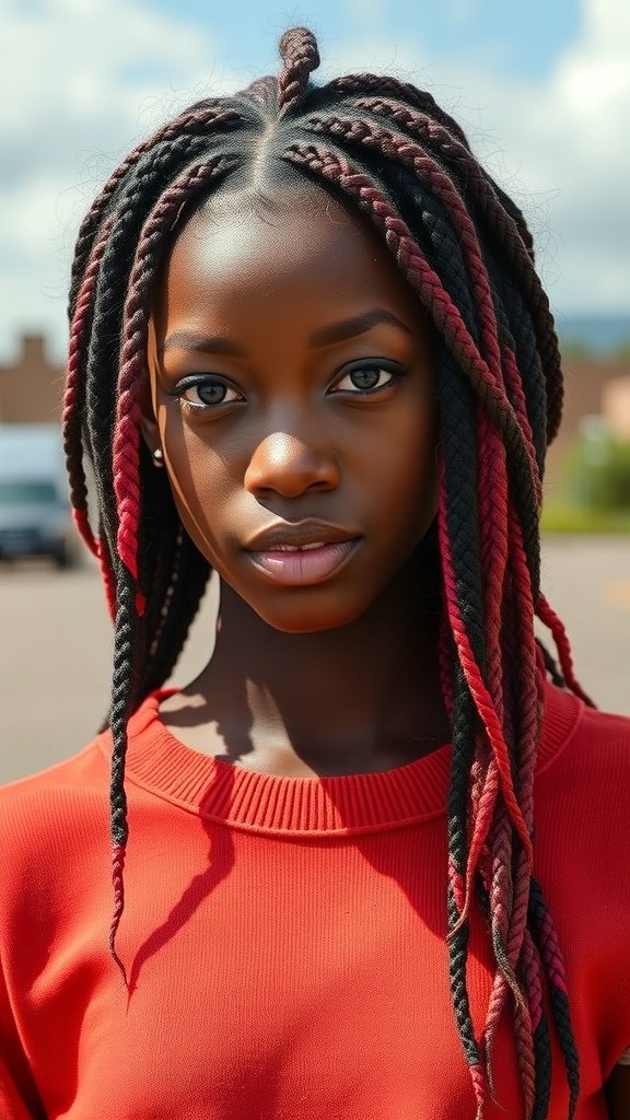 A young woman with medium knotless box braids featuring a colorful ombre effect, wearing a red top.
