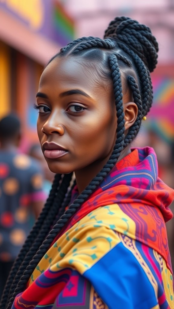 A person with medium knotless box braids styled with a colorful wrap.