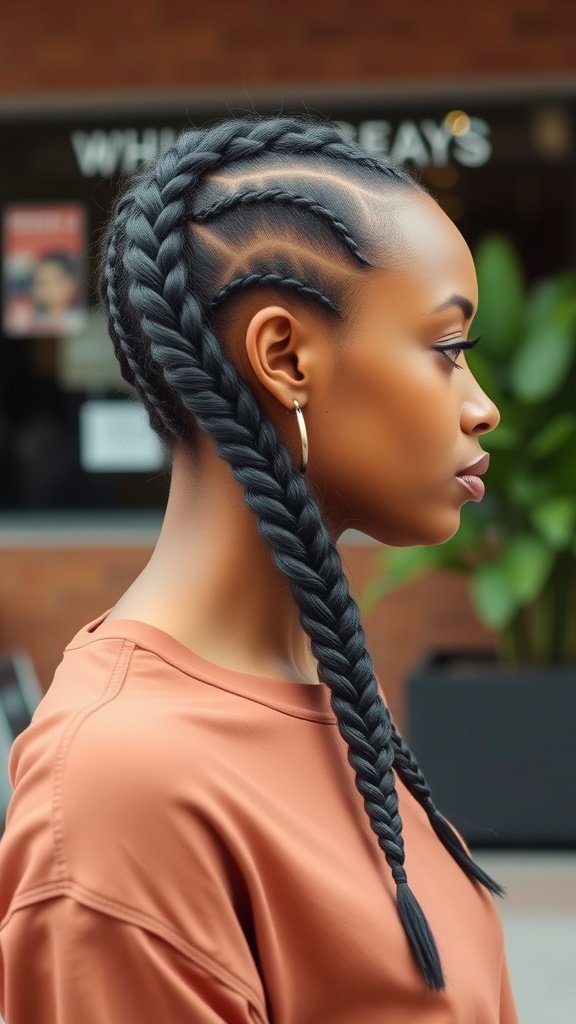 A woman with medium knotless box braids styled with a fish tail braid, showcasing a sleek and modern hairstyle.