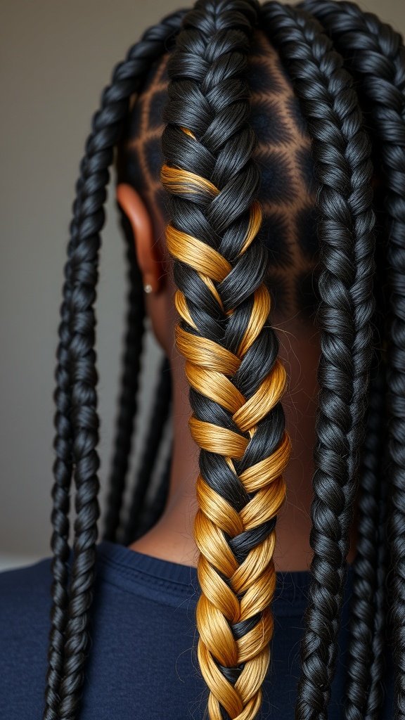 A close-up of medium knotless box braids featuring a fishbone braid, showcasing black and golden strands.