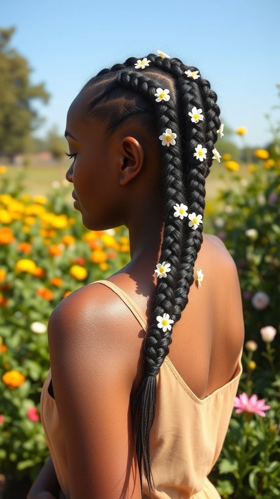 A woman with medium knotless box braids decorated with small white flowers, standing in a colorful flower garden.