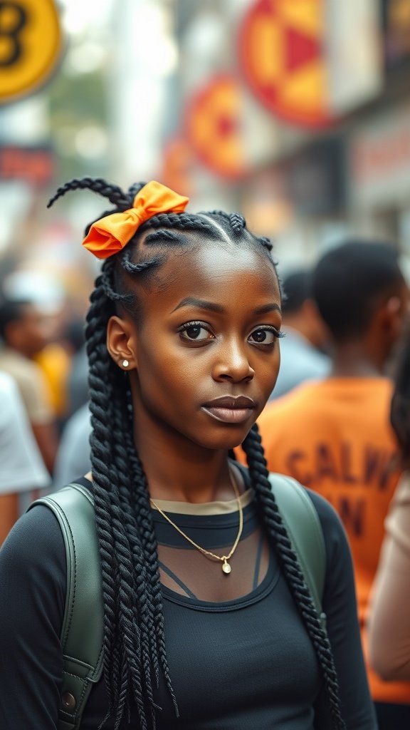 A person with medium knotless box braids and an orange bow in a busy street.